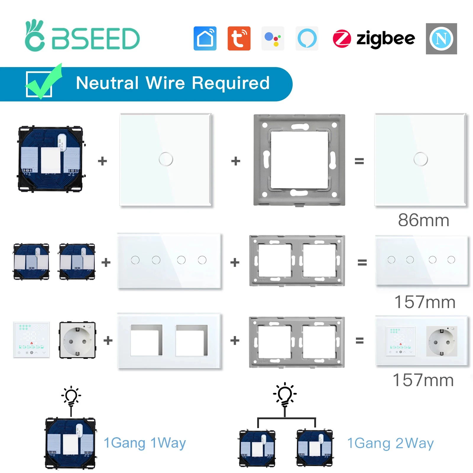 Bseed-zigbee Touch Switch Função Parte Painel de Vidro Somente Smart Dimmer Interruptor de Cortina Faça Você Mesmo Parte Zigbee Soquete Peças com Neutro