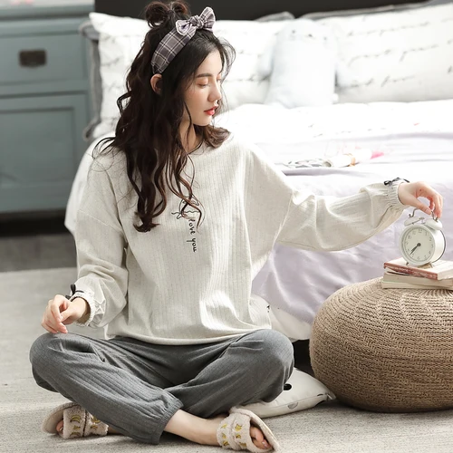 심플한 프린트 캐주얼 레터 잠옷 세트, 코튼 긴팔 바지, 가을 및 겨울 라운지웨어, 여성 홈웨어 수트 2