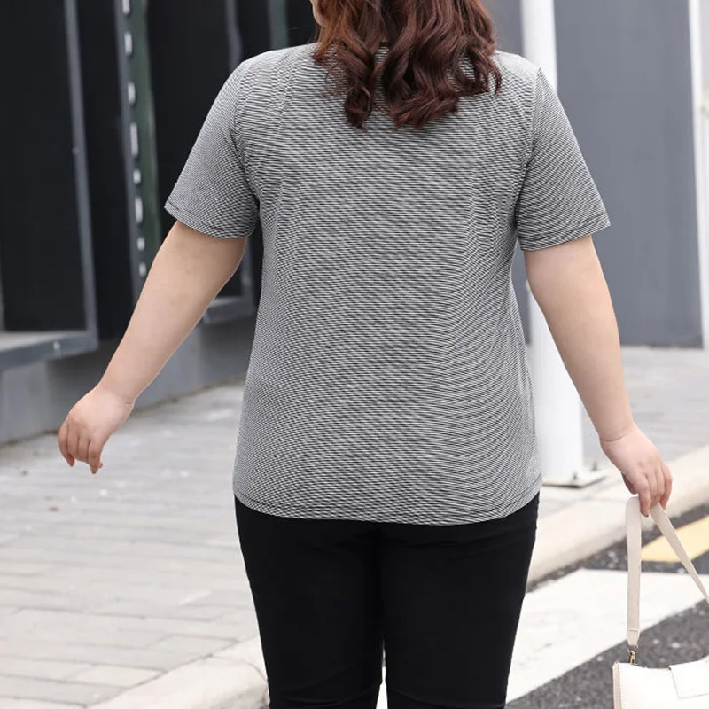 Korean Crew Neck Pullover Short Sleeve Loose T-Shirt Summer Clothes for Women Simplicity Fashion Striped Printing Plus Size Tops