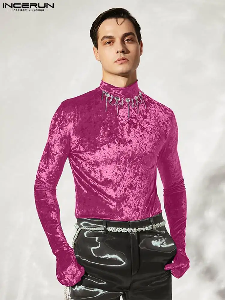 

INCERUN Solid Color Men T Shirt Velour Turtleneck Gloves Long Sleeve 2023 Streetwear Autumn Men Clothing Cozy Casual Camisetas