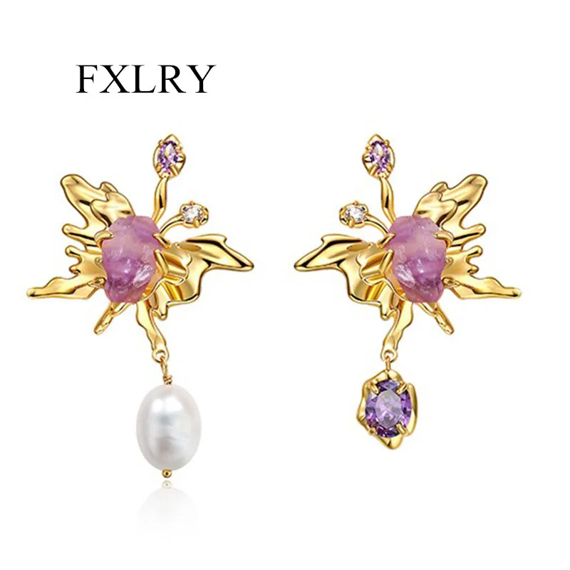 

FXLRY Delicate Gold Butterfly Earrings Super Fairy Asymmetric Purple Zircon Freshwater Pearl Crystal Earrings For Women Fashion