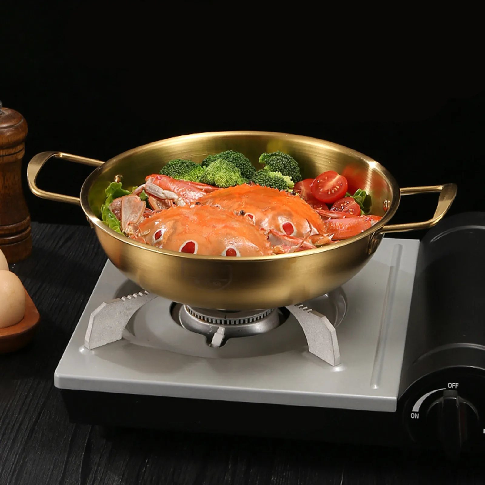 Gold/Silver Stainless Steel Instant Noodle Pot, Single Person Small Hotpot,Double Ear Flat Bottomed Dry Pot, Kitchen supplies