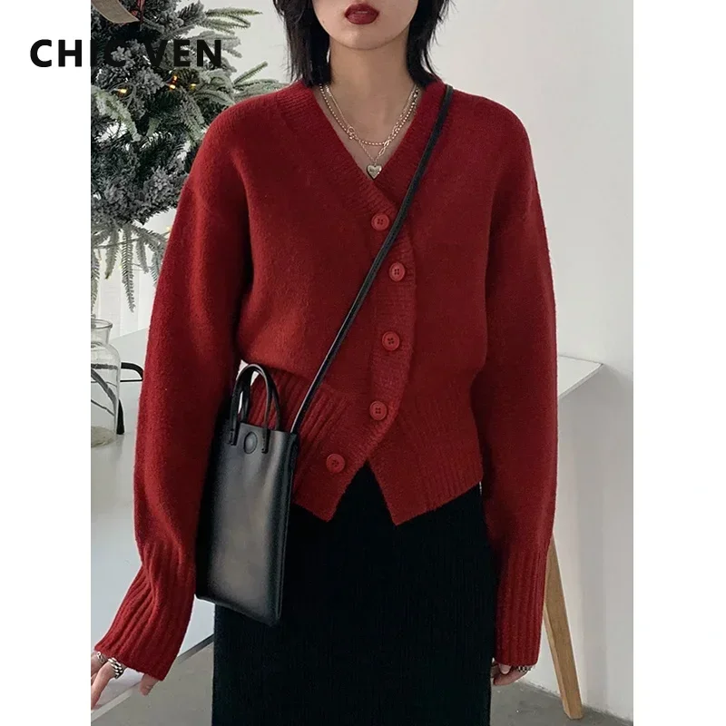 CHIC VEN 여성용 V넥 가디건, 불규칙 단색 짧은 니트 스웨터, 여성 상의, 여성 의류, 가을 겨울 2022