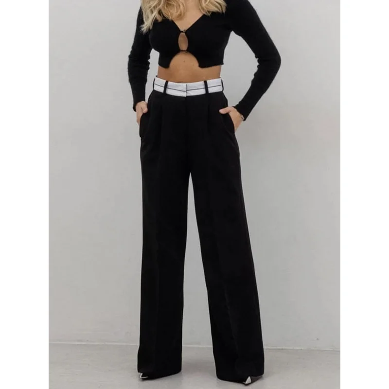 Fashion Simple Contrast Color Wide-Leg Pants Women's Clothing 2024 Spring Commuting Figure Flattering Drape Black Suit Pants Tro