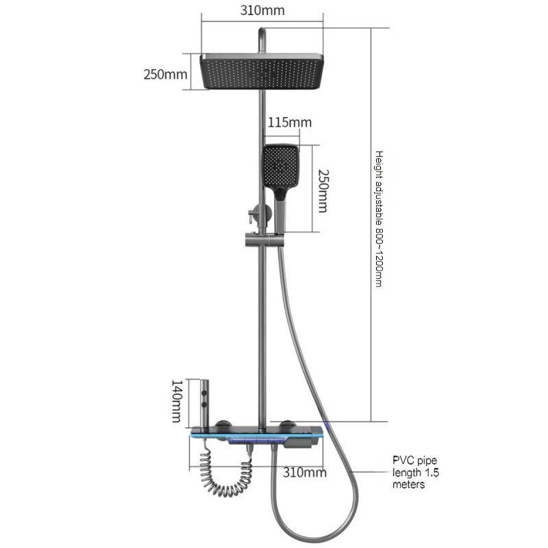 Luxury Bathroom Shower Faucet Full Set Shower System with Light Tempered Glass Temperature Smart Digital Display Hot Cold Mixer 6