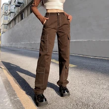 

WeiYao Brown Vintage Straight Leg Cargo Pants Women Y2K Hip Hop Cotton Harajuku Grunge Baggy Joggers Street Retro Capris 90S