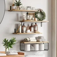 Wall Shelves Floating Mounted Wooden  Rack Kitchen Bathroom Organizer  Decor Garden Bathroom Accessories 4 Piece Set Wall shelfs 1