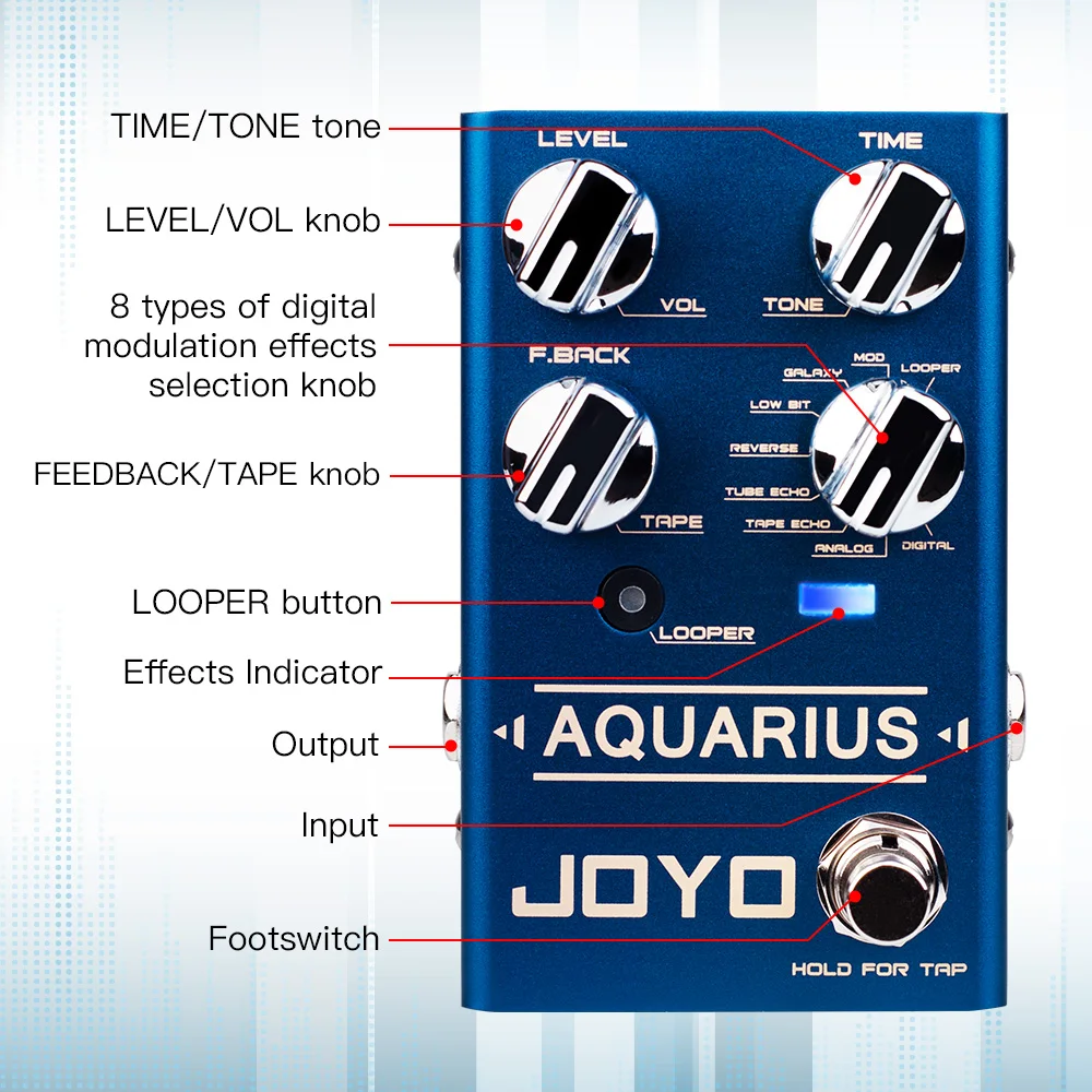 JOYO R-07 AQUARIUS Delay Looper Guitar Effect Pedal Looper Function 8 Digital Delay Effect Pedal with 5 Minutes Recording Time 