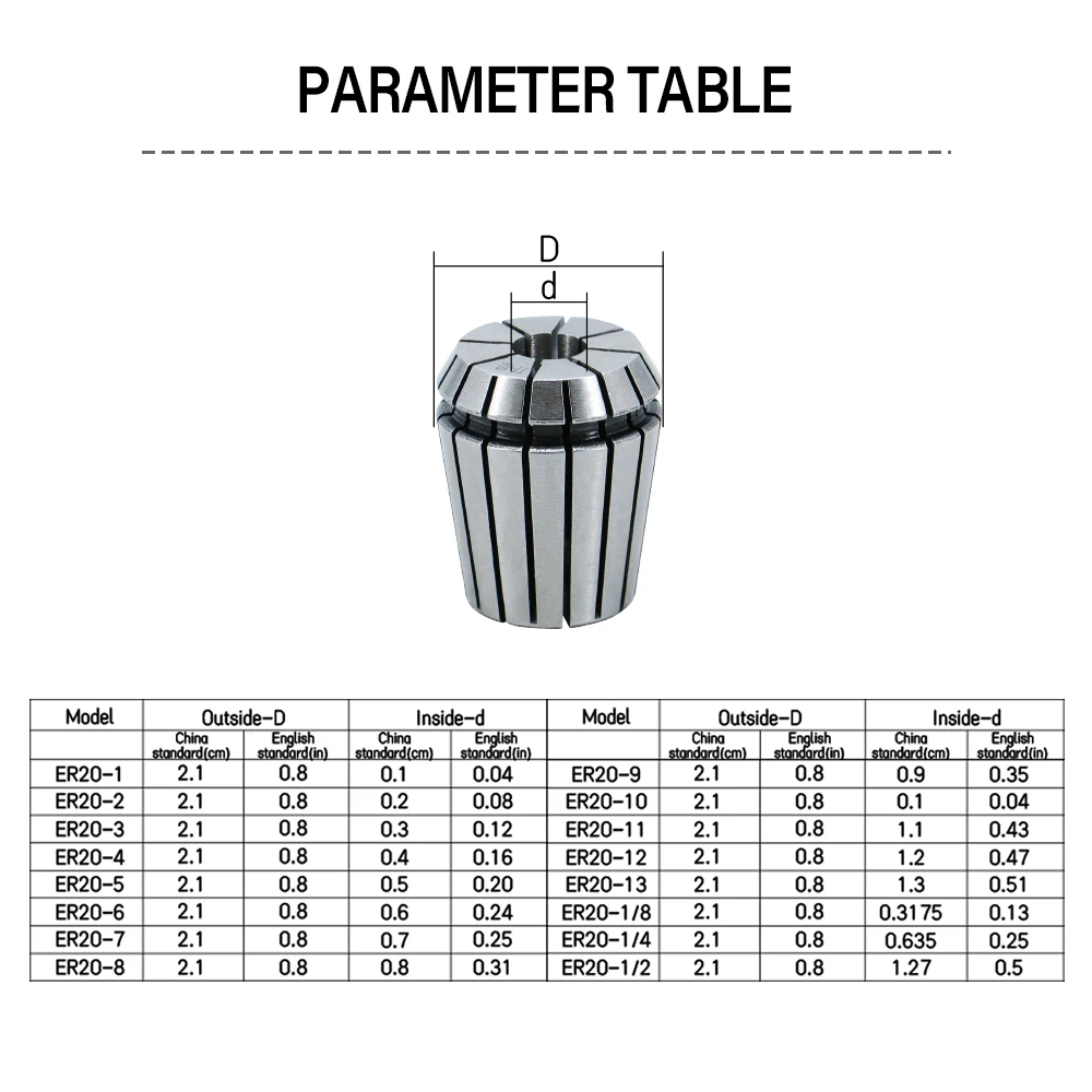 ER20 1/2 1/4 1/8 inch 3.175 6.35 12.7 mm 0.015 Spring Collet High Precision Collet Set For CNC Engraving Machine Lathe Mill Tool