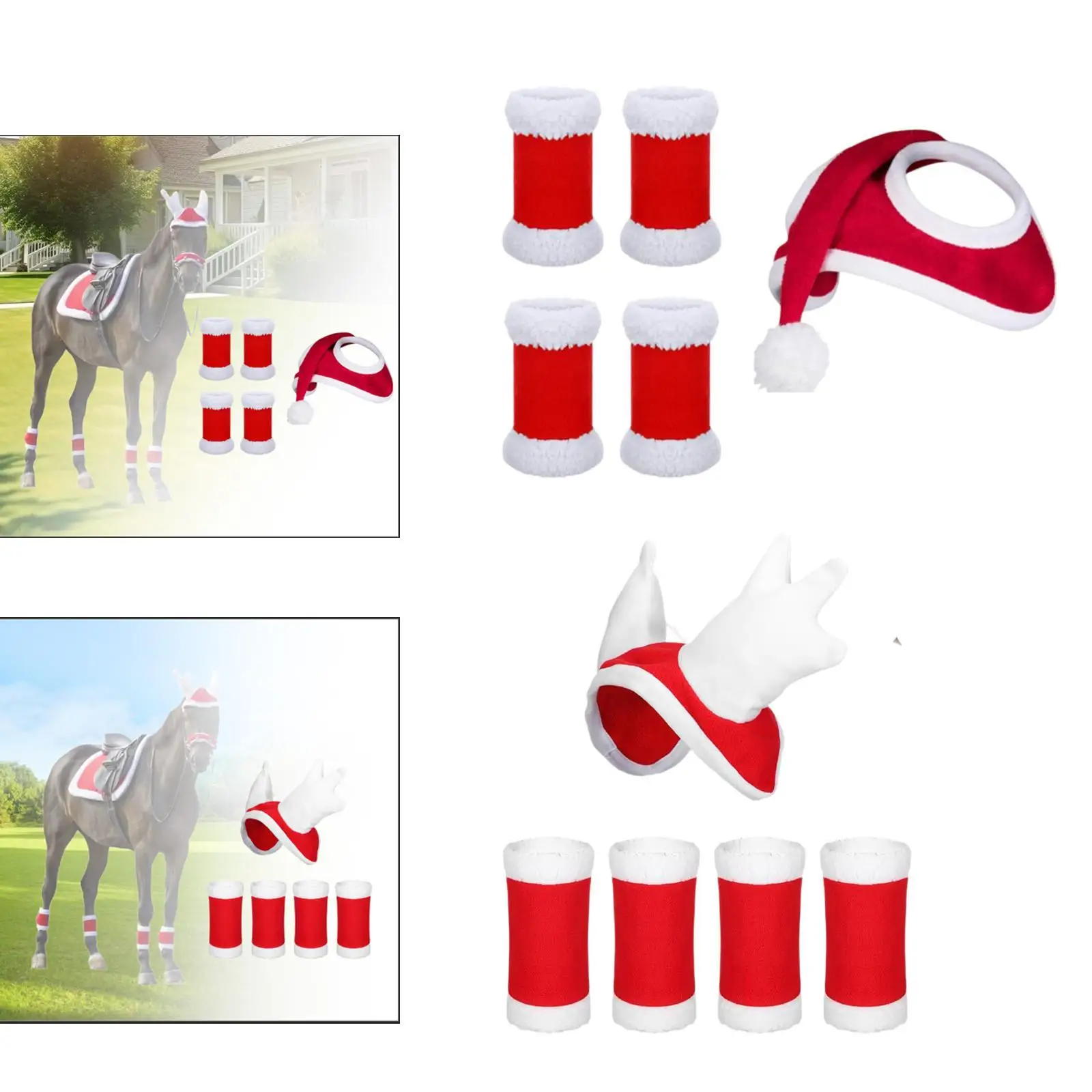Horse Christmas Hat 4Pcs Horse Leg Wraps Thick Headwear Velvet Fly Leg Boots Wrap Leg Guard for Party Favors Parade Supplies 5