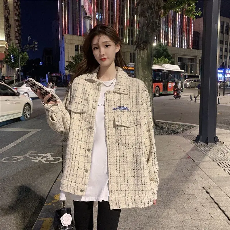 DAYIFUN Checkered Shirt Jacket Women Small Fragrant Embroidery with Pocket Design Coats Lady Spring Autumn 2023 Versatile Tops pocket girl s notebook checkered notebook and carry it hand in hand with the ledger