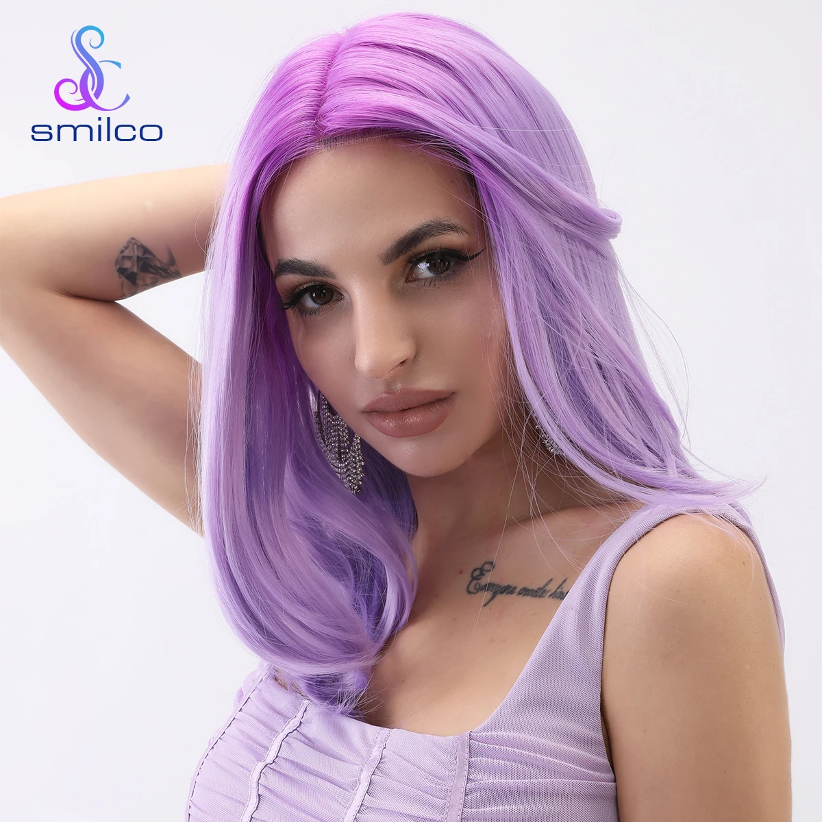 

Smilco Lace Front Women Wig 20'' Long Purple Stright Trimmable Bangs Synthetic Drag Queen Cosplay Daily Hair Wigs