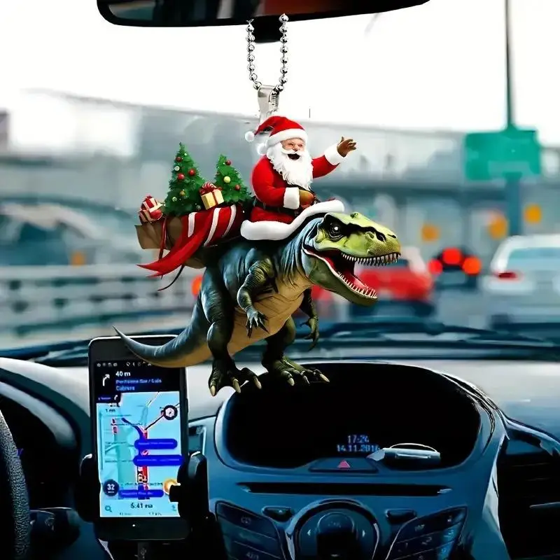 1pc Christmas Pendant Santa Claus On Dinosaur Ornament 2D Flat Acrylic Hanging Decoration For Christmas Tree Mantel Decor