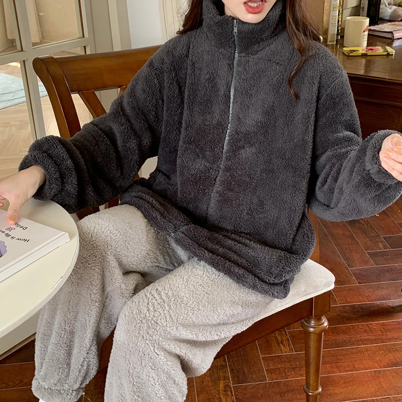 Winter New Sleepwear Women's Long Plush High Neck Zipper Long Sleeve Pants Cartoon Cute Warm Coral Plush Large Home Fur Set