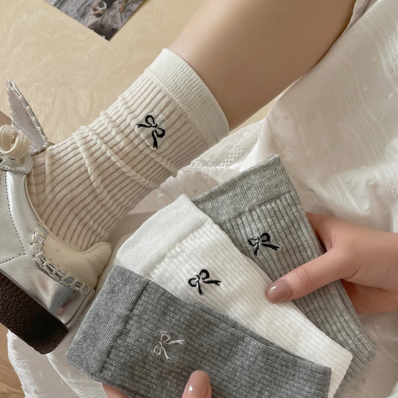 

Solid Color Bows Embellished Knitted Calf Socks Miu Style Ruffled Knee High Socks For Show Women's Stockings & Hosiery