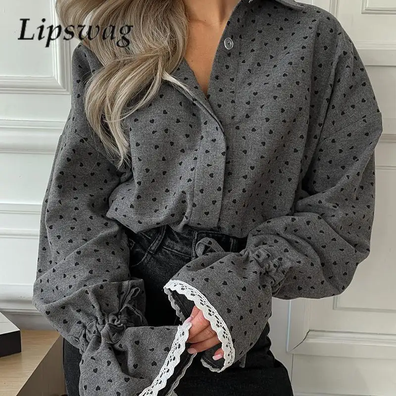 

Casual Button Lace Splicing French Shirt Autumn Street Horn Sleeves Loose Cardigan Top New Fashion Love Print Office Lady Blouse