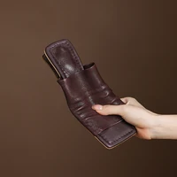2026 NEW Summer Women Mules Genuine Leather Shoes for Women Open Toe Med Heel Shoes Slippers Pleated Modern Sandals - Image 6