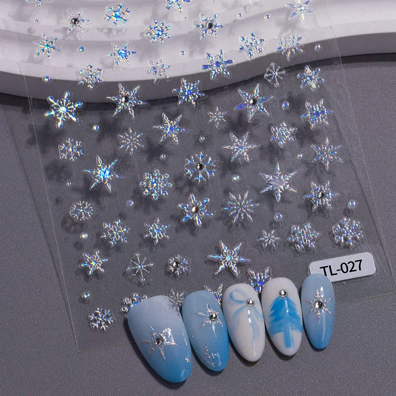Winter Snowflake Christmas Nail Art Sticker 5D Shiny Rhinestone Embossed Relief Adhesive Nail Charm Nail Art Decoration Sticker