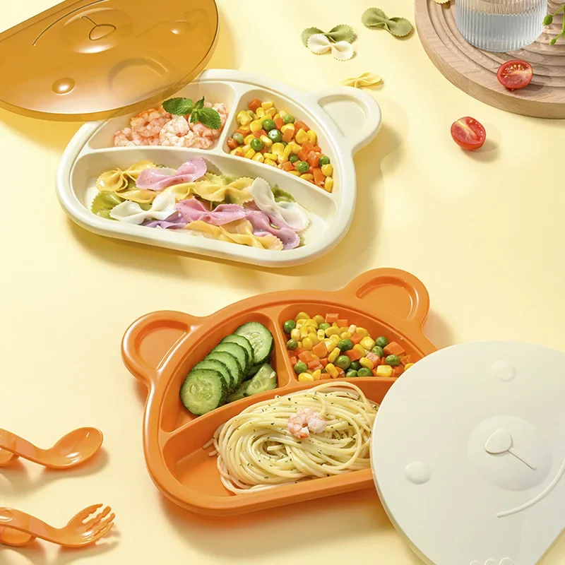 

Baby Plate Baby Food Bowl with Cover and Anti-drop Plate Children's Cartoon Bear Divided Plate