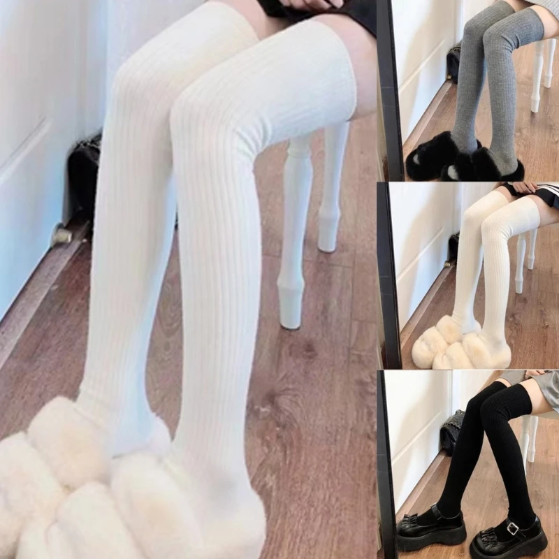 

Solid Color Rib Knit Thigh High Stockings Vertical Striped Long Socks for Women F0T5