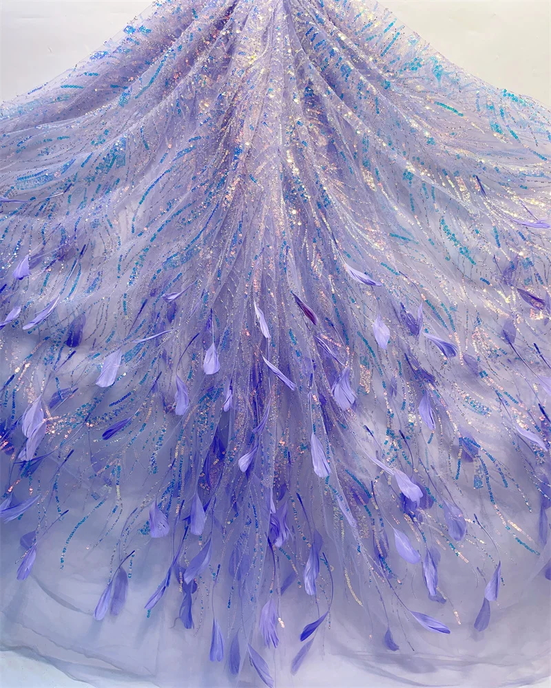 

Luxury 3D Feather Lace Fabric 5Yards Dubai Hand Beaded Tulle Lace Fabric Embroidered Applique African Nigerian Fabric For Sewing
