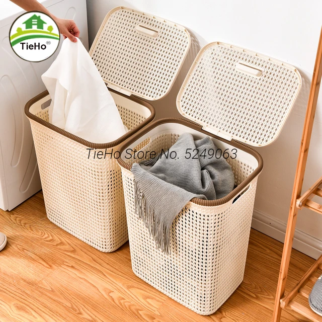 LARGE LAUNDRY BASKET WASHING CLOTHES STORAGE HAMPER RATTAN STYLE PLASTIC  BASKET