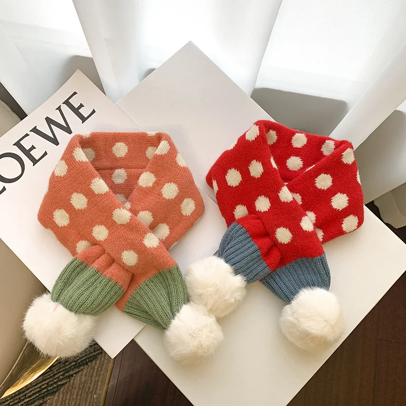 Korean Dot Print Kids Scarf Winter Warm Knitted Scarves for Toddler Boys Girls Cute Faux Fur Pompom Children Cross Neckerchief