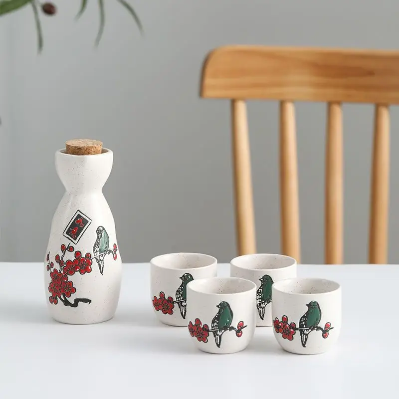 Ceramic Sake Set with Bottle Carafe (5 oz) 4 Cups (1.6 oz) Hand Painted Design Porcelain Pottery Ceramic Cups Crafts Wine Glasse