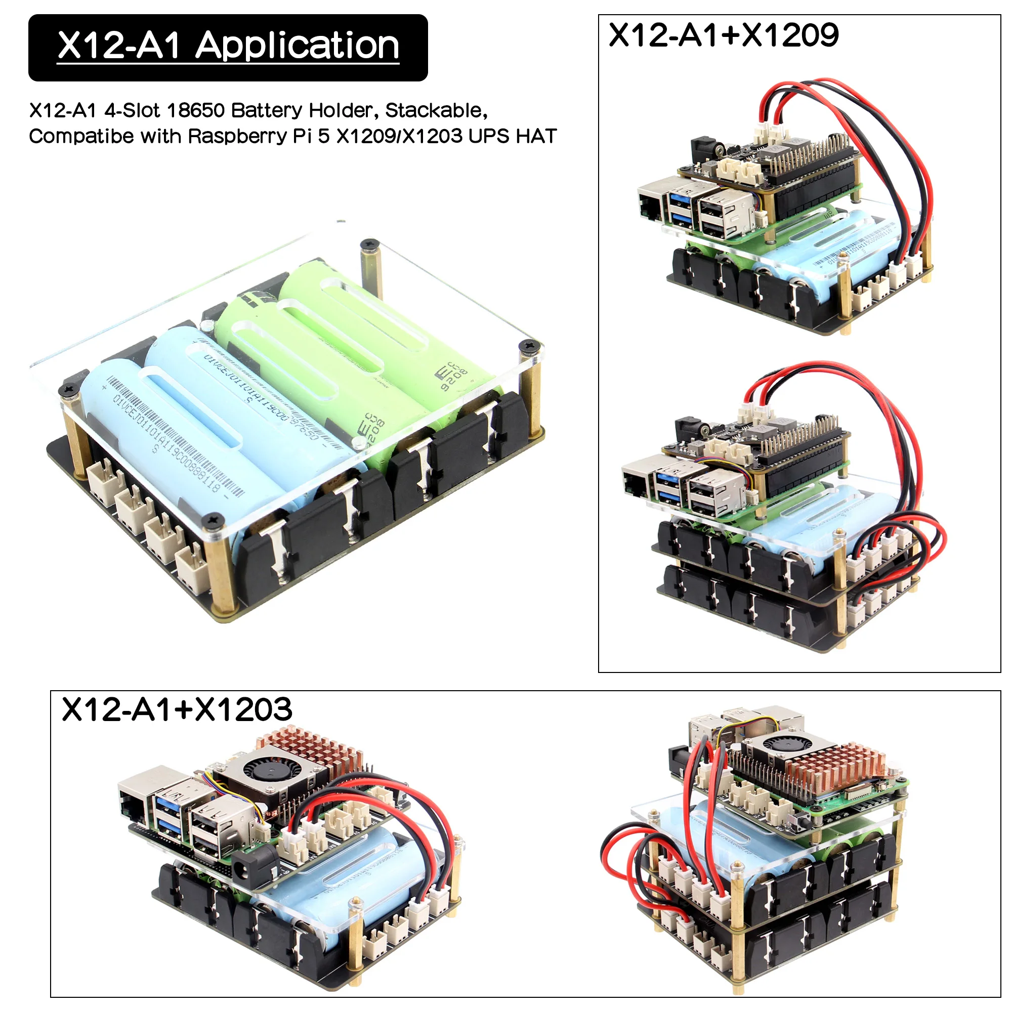Geekbord X12-A1 V1.0 4슬롯 18650 배터리 홀더, 스택형, 라즈베리 파이 5 X1209/X1203 UPS HAT와 호환 가능