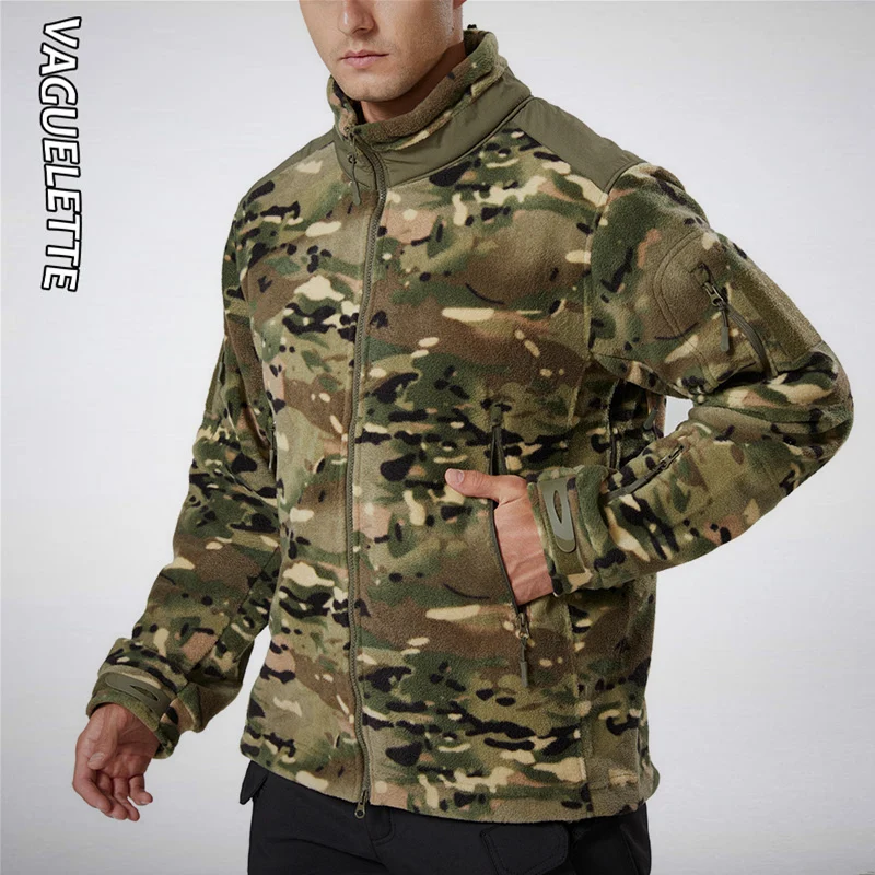 

VAGUELETTE Men's Fleece Jacket Full-Zip Stand Collar Camouflage Tactical Shell Jackets Soft Winter Coat