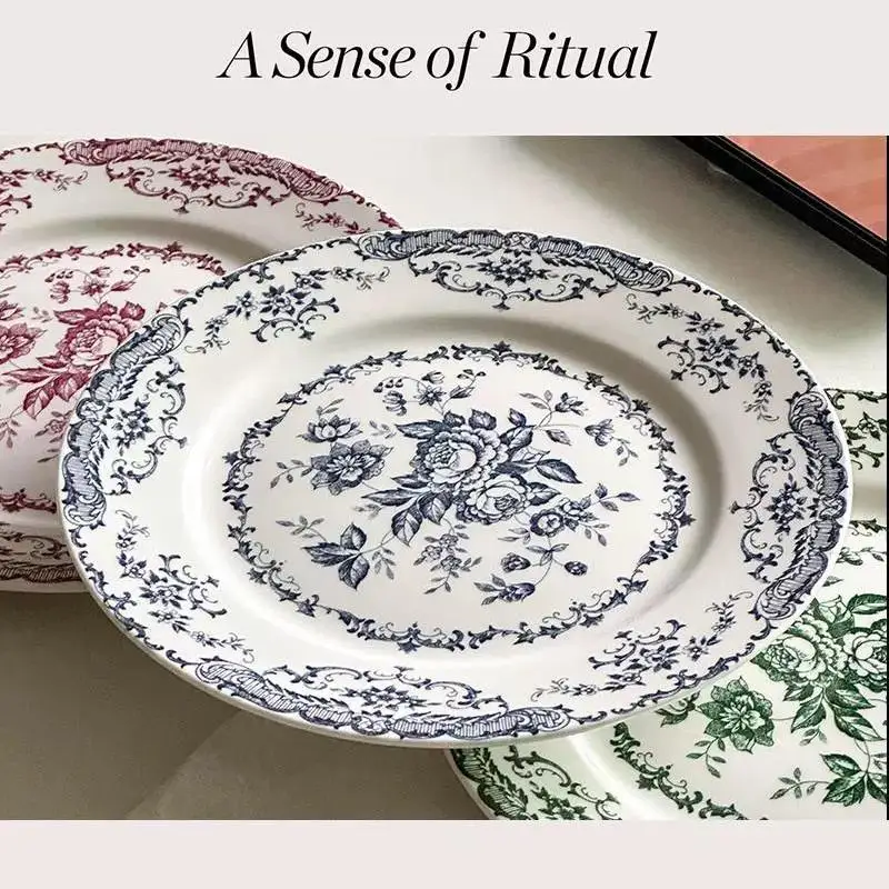 Creative Retro Nordic Flower Pattern Round Ceramic Dinner Plate Shallow Plate Elegant Light Luxury Dinner Kitchen