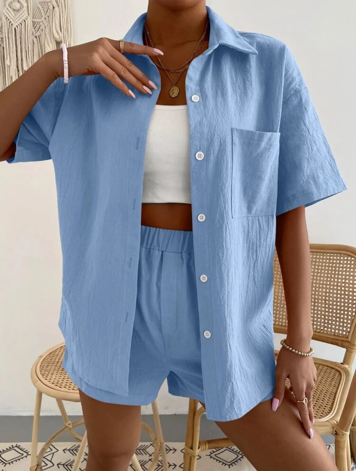 Solid Color Casual Cotton Linen Suit New Spring And Summer Solid Color Single Breasted Shirt Elastic Waist Loose Shorts