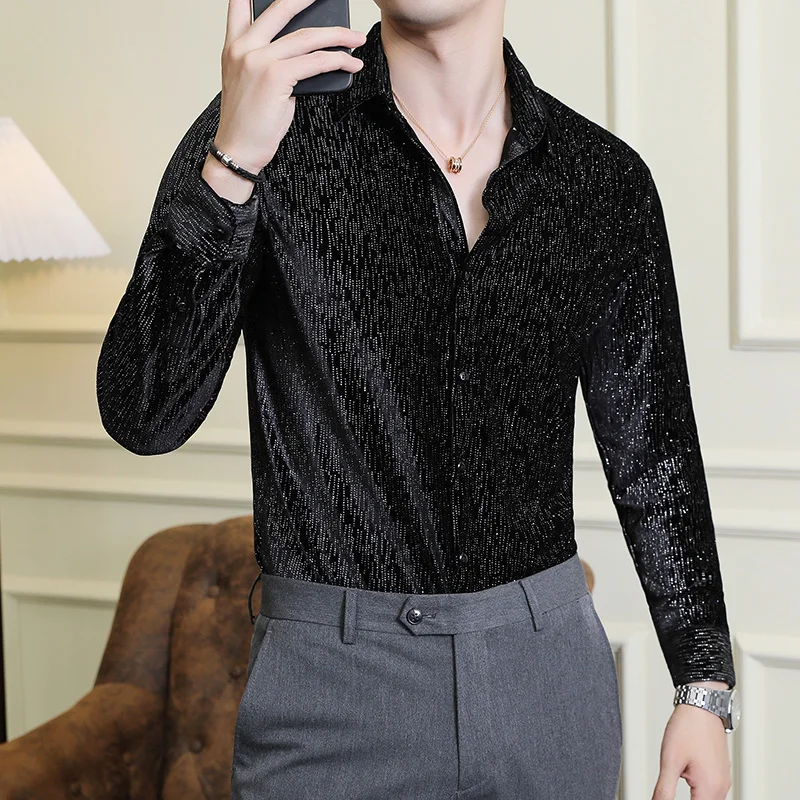 용수철 남성용 긴팔 셔츠, 슬림핏 프린트 캐주얼 블라우스, 편안한 브랜드 의류, 4XL-M, 신상 품질