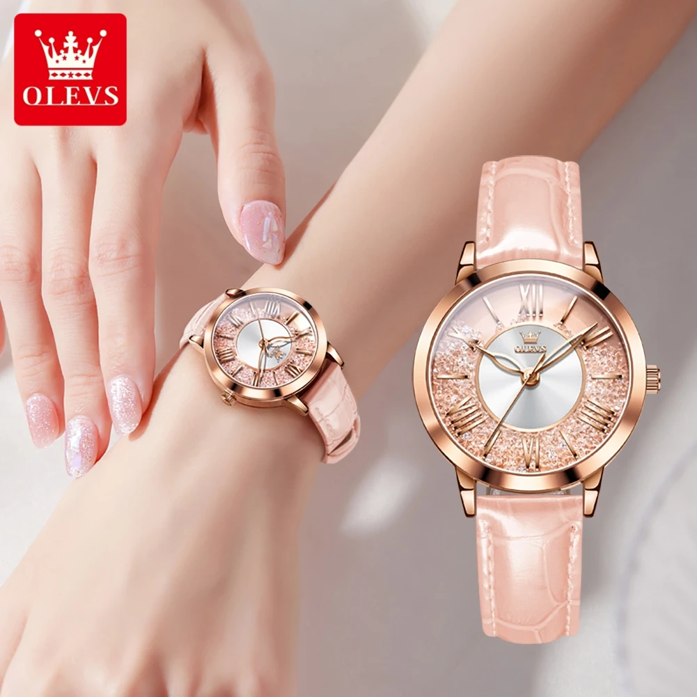 OLEVS 5539 Quartz Watch Woman Flowing Crystal Design Roman Numeral Scale Ladies Wristwatch Leather Strap Waterproof Womens Watch 5