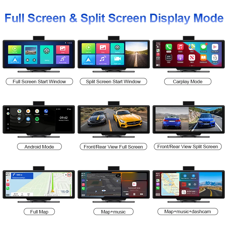 JMCQ 10.26″ 4K ADAS DVR Wireless Carplay & Android Auto Car Display Smart Portable Car Multimedia Head Unit USB AUX Mirror LINK