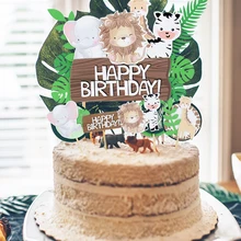 1 Juego de decoración para tarta de cumpleaños con dibujos de animales, adorno para tarta de león, elefante, mono, jungla, fiesta temática, Baby Shower