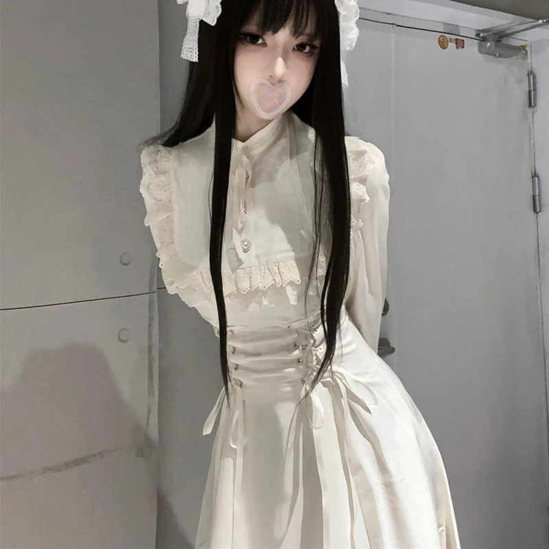 Abito francese elegante in pizzo a maniche lunghe da donna Abiti patchwork a vita alta Lolita Fashion Kawaii Nuovi abiti con lacci femminili - immagine 5