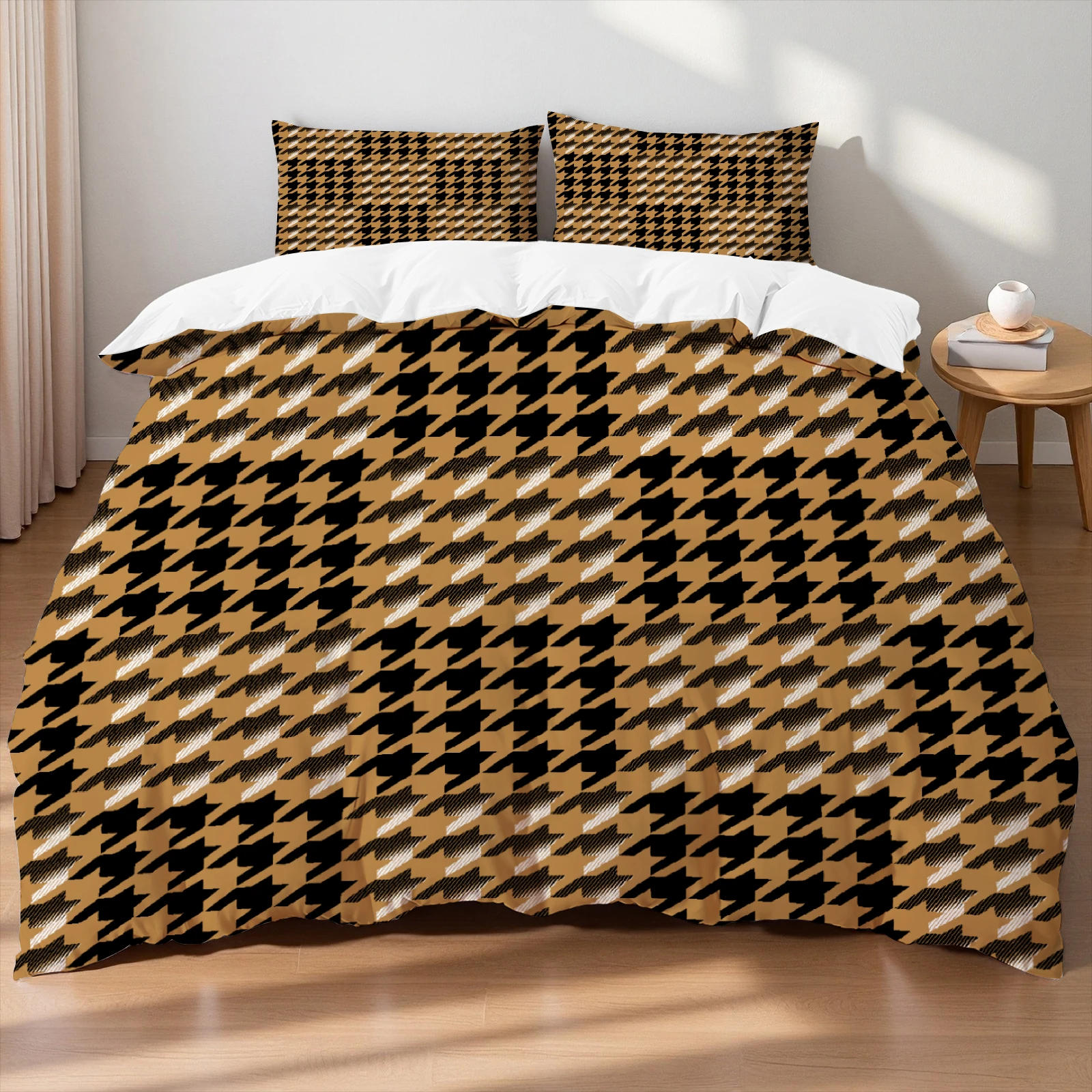 Luxury Brown Black Houndstooth Bedding Set Classic Print Duvet Cover