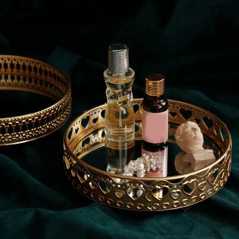 Retro Style Golden Iron Delicate Glass Mirror Base Tray Desktop Jewelry Cosmetic Storage Bedroom Dessert