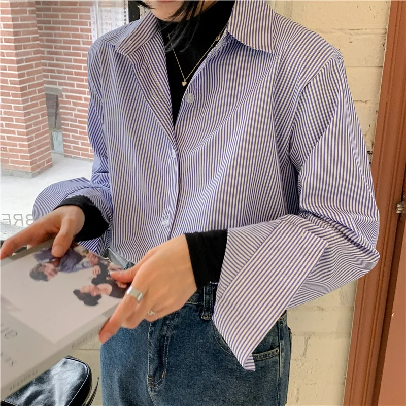 

2022 New Style Women's Loose Long-sleeved Shirt with Pinstripes Inside Korean Fan Simple Loose Top Casual Formal Wear Spring