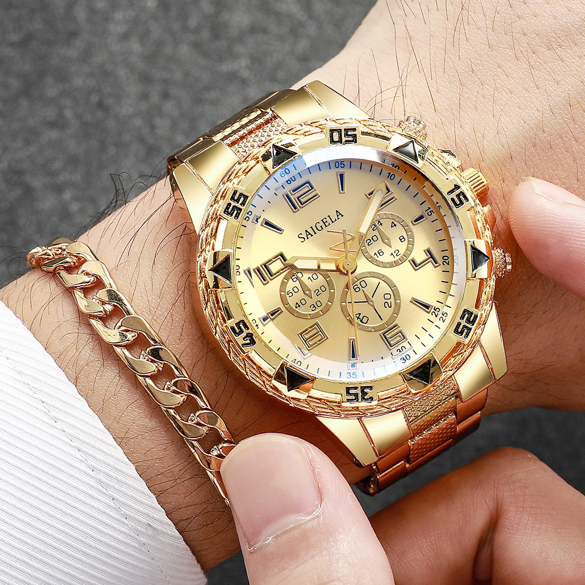 3pcs/set Fashion Men's Luxury Watch Set Trendy Party Hip Hop Men's Quartz Analog Watch with Jewelry Set(Box not included)） 3