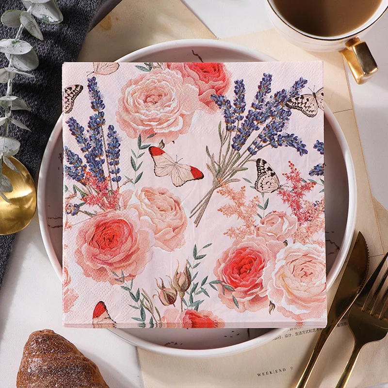 Flower Printed Dinner Paper Disposable Tableware Napkin Tissues 20Pcs/pack Wedding Birthday Party Decor