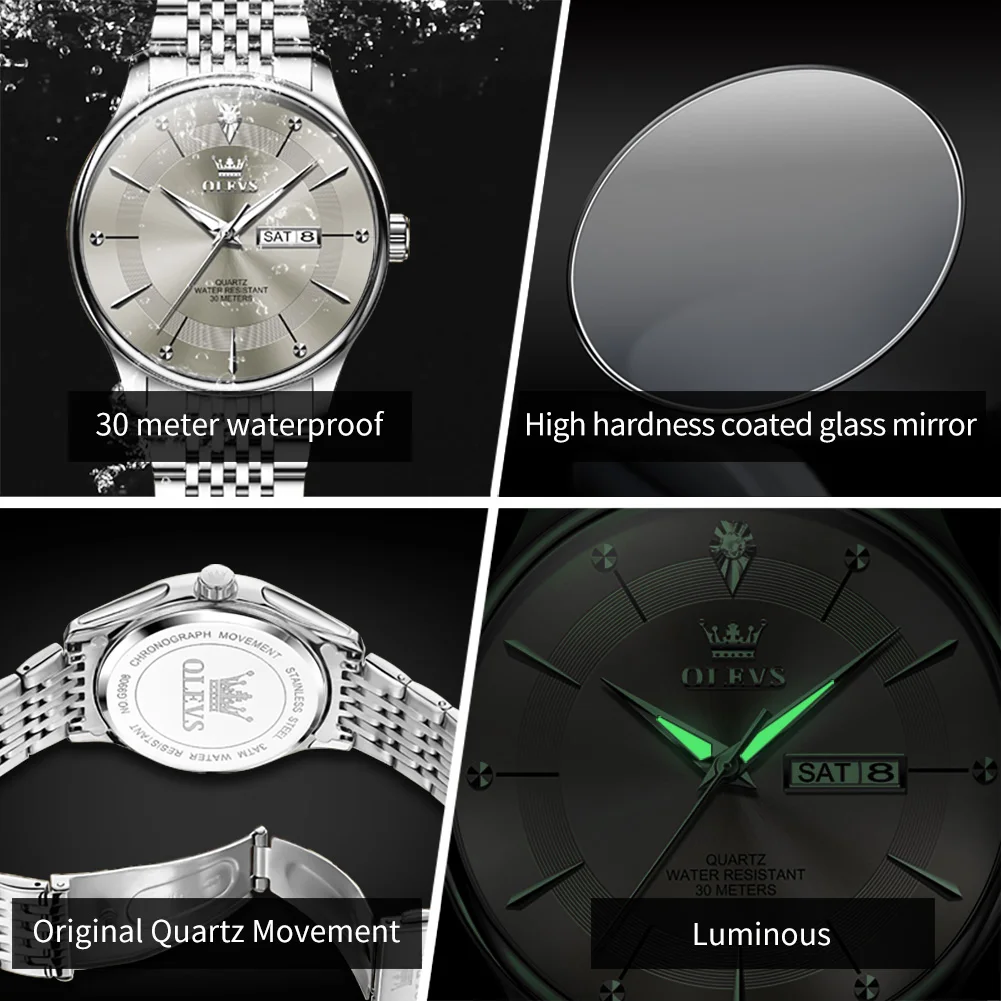 OLEVS křemen hodinky pro muži klasiky originální vodotěsný světelný dvojí kalendář displej krám šaty pánské wristwatches 9908