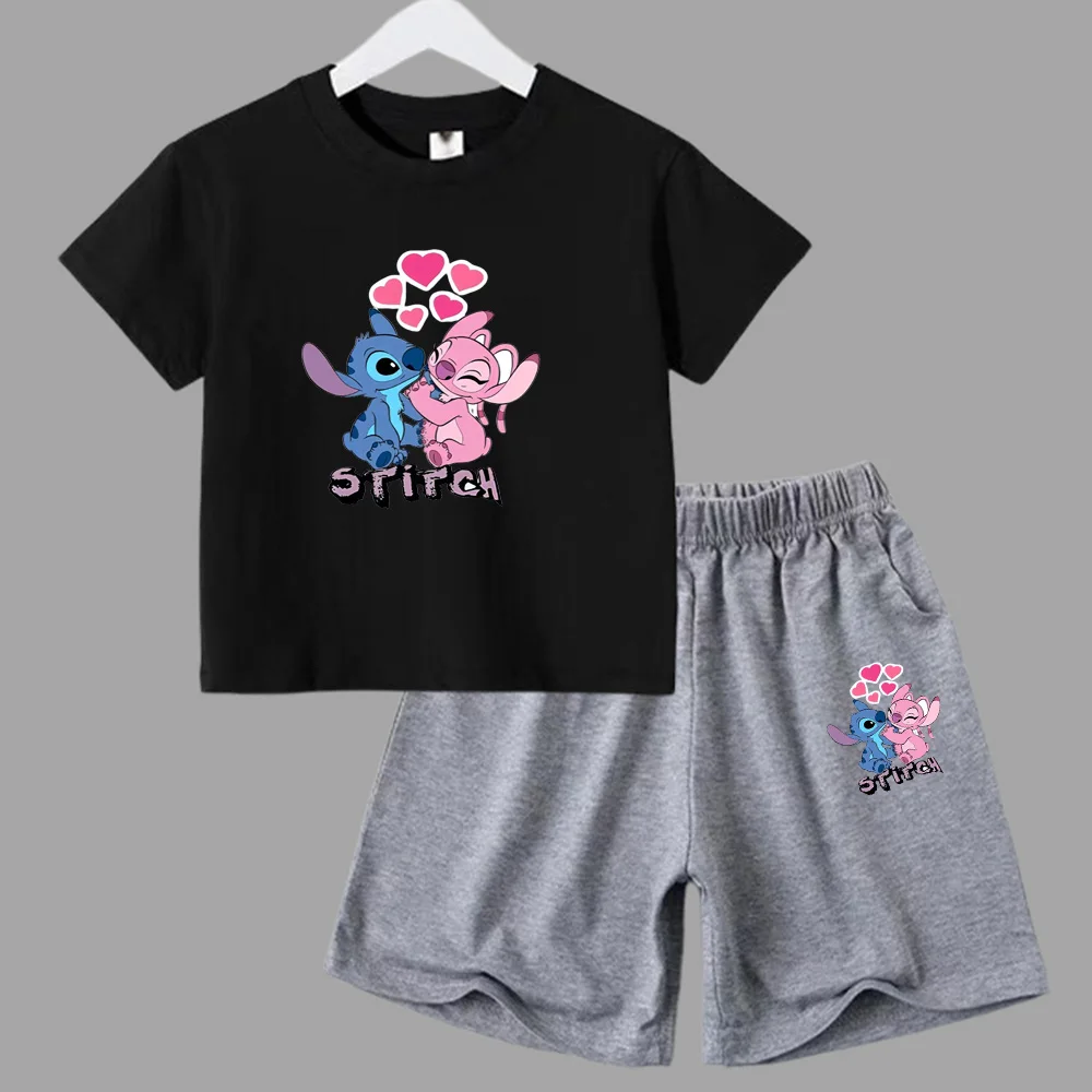 thumbnail image 1 of Nuevo conjunto de camiseta y pantalones cortos de verano con dibujos animados de Disney, bonito Stitch Angel para niños y niñas, ropa de algodón para niños, conjunto informal de 2 piezas para niños, 1 of 5