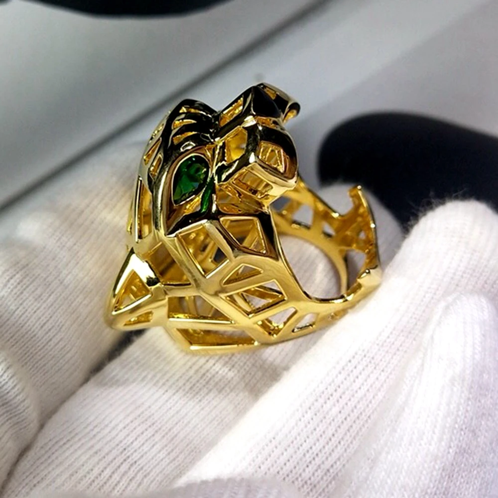 

Luxury 925 Sterling Silver Leopard Head Rings Emerald green eyes Animal Panther Ring for Men or Women 18k Gold plated Jewelry