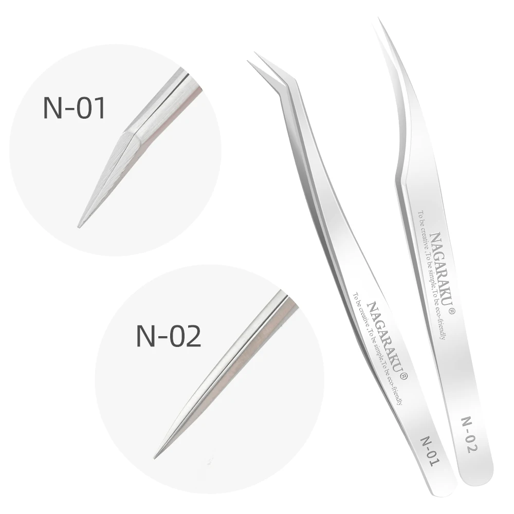 NAGARAKU 2pcs set for eyelash extension professional tweezers N-01 and N-02 for divide volume eyelash 2