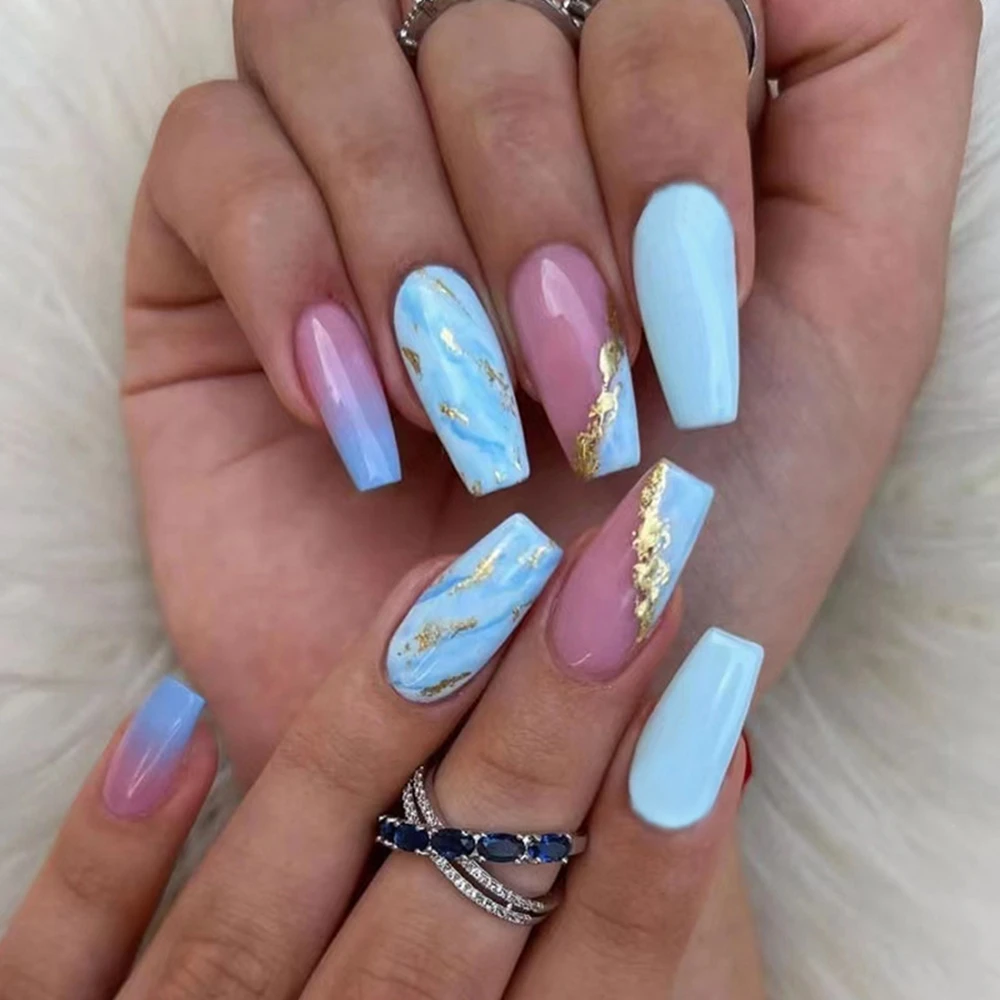 24Pcs Blue Smudged Medium And Long Gold Foil Shard Fake Nails Wearable  Press On Nails Full Cover Coffin Ballerina False Nails| | - AliExpress