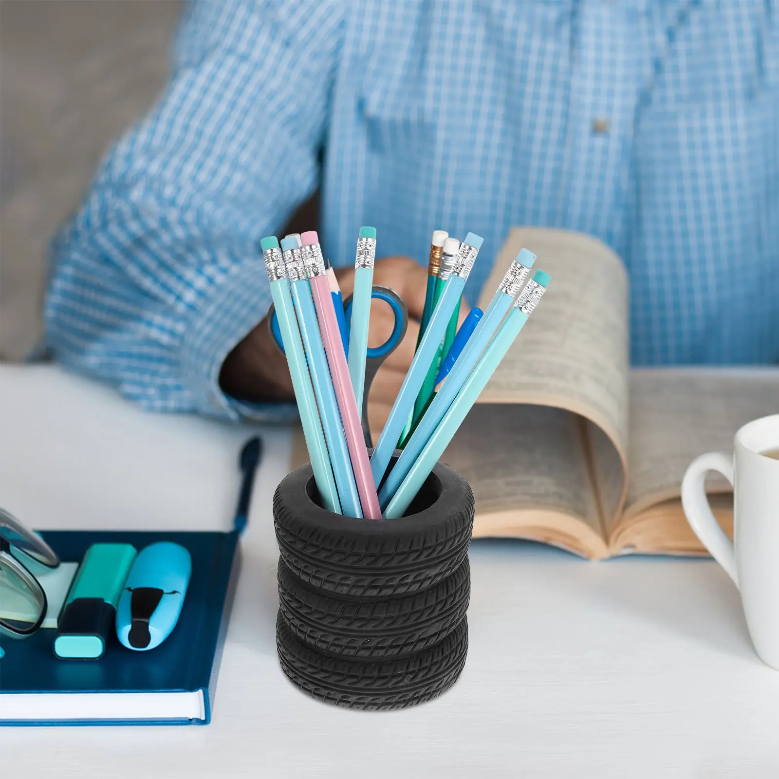 Pen Holder Desk Pen Holder Pen Storage Container Office Tabletop Holder Car Tire Shape Storage Bucket Organizer Office BLACK