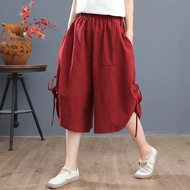 

5XL New Summer Loose Bloomers Casual Elastic Waist Wide Leg Cotton Pants High Waist Women's Solid Color Culottes Cropped Pants