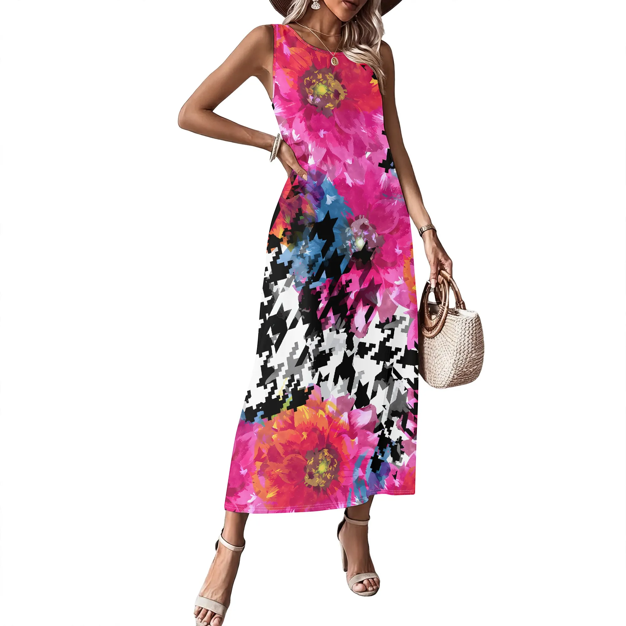Ärmelloses Sommerkleid für Damen mit Rundhalsausschnitt, 3D-Modisch Bedrucktes Langes Swing-Kleid – Detail 9